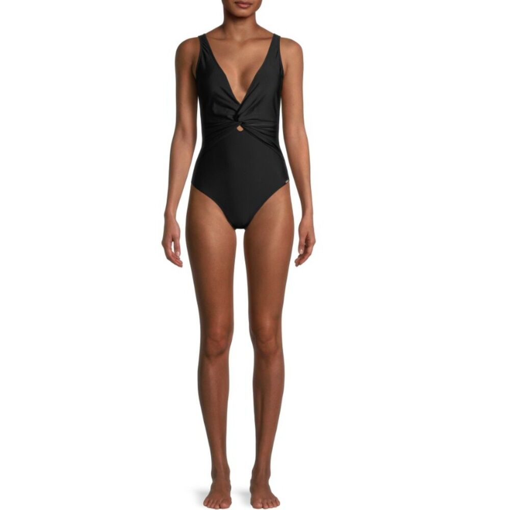 NEW NWT Black Sz Small Built in Bra Twist Front Logo 1 Pc Swimsuit NICOLE MILLER